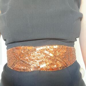 Vintage 80s Brown Sequin Waist Belt Accesorry Glam Fall Winter
